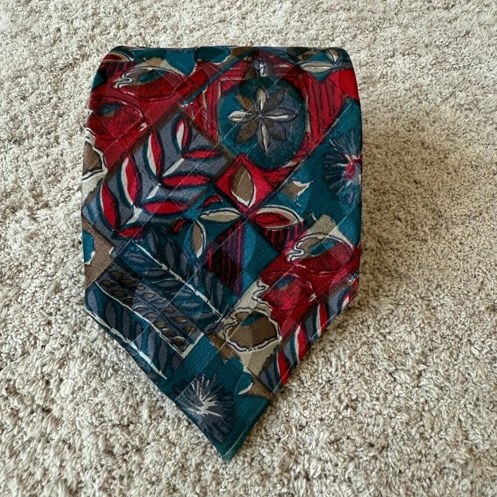 Vintage Abstract Floral Silk‎ Tie Teal Red Geometric Handmade RN43170 3.5x59